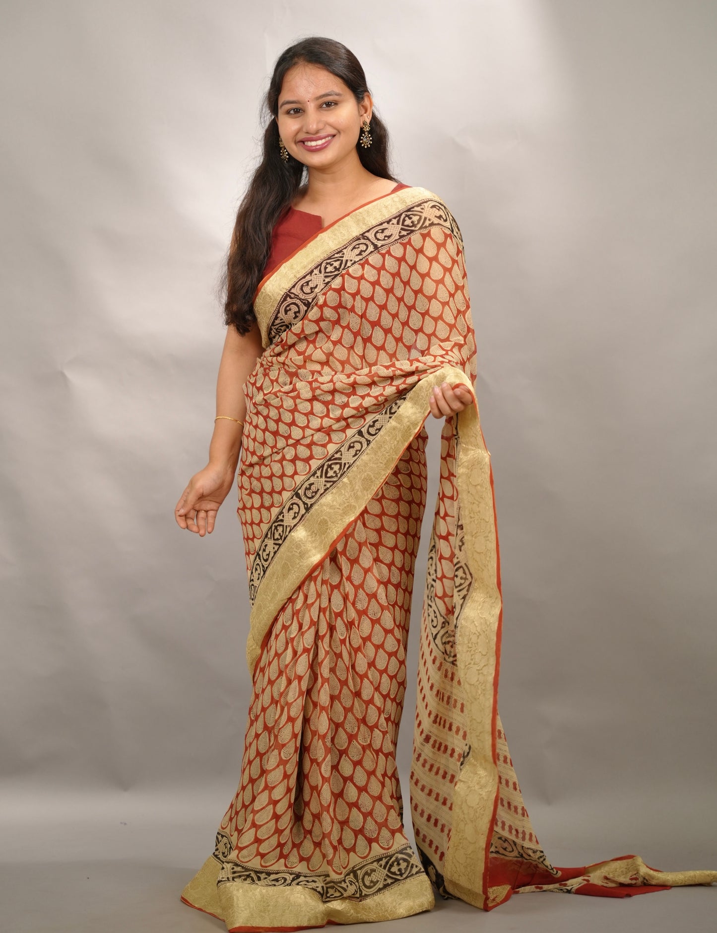 Red Chiffon Hand Block Printed Saree with Jari Border | Looms & Tassels