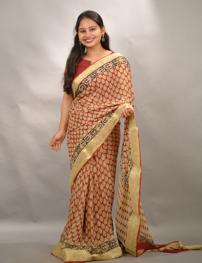 Red Chiffon Hand Block Printed Saree with Jari Border | Looms & Tassels
