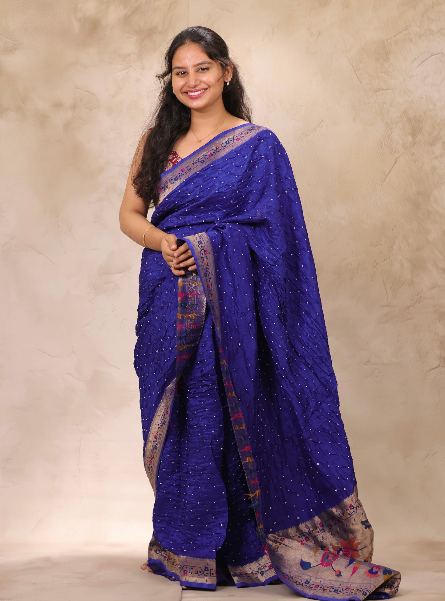 Blue Handcrafted Bandhani Paithani Dola Silk Saree | Looms & Tassels