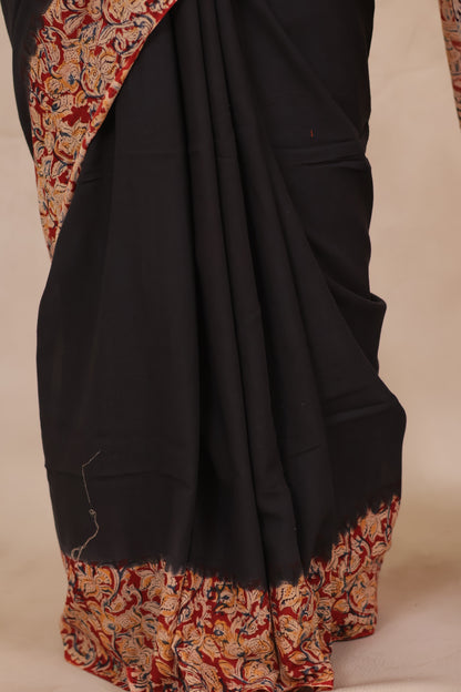 Black Hand Block Printed Kalamkari Cotton Saree | Looms & Tassels