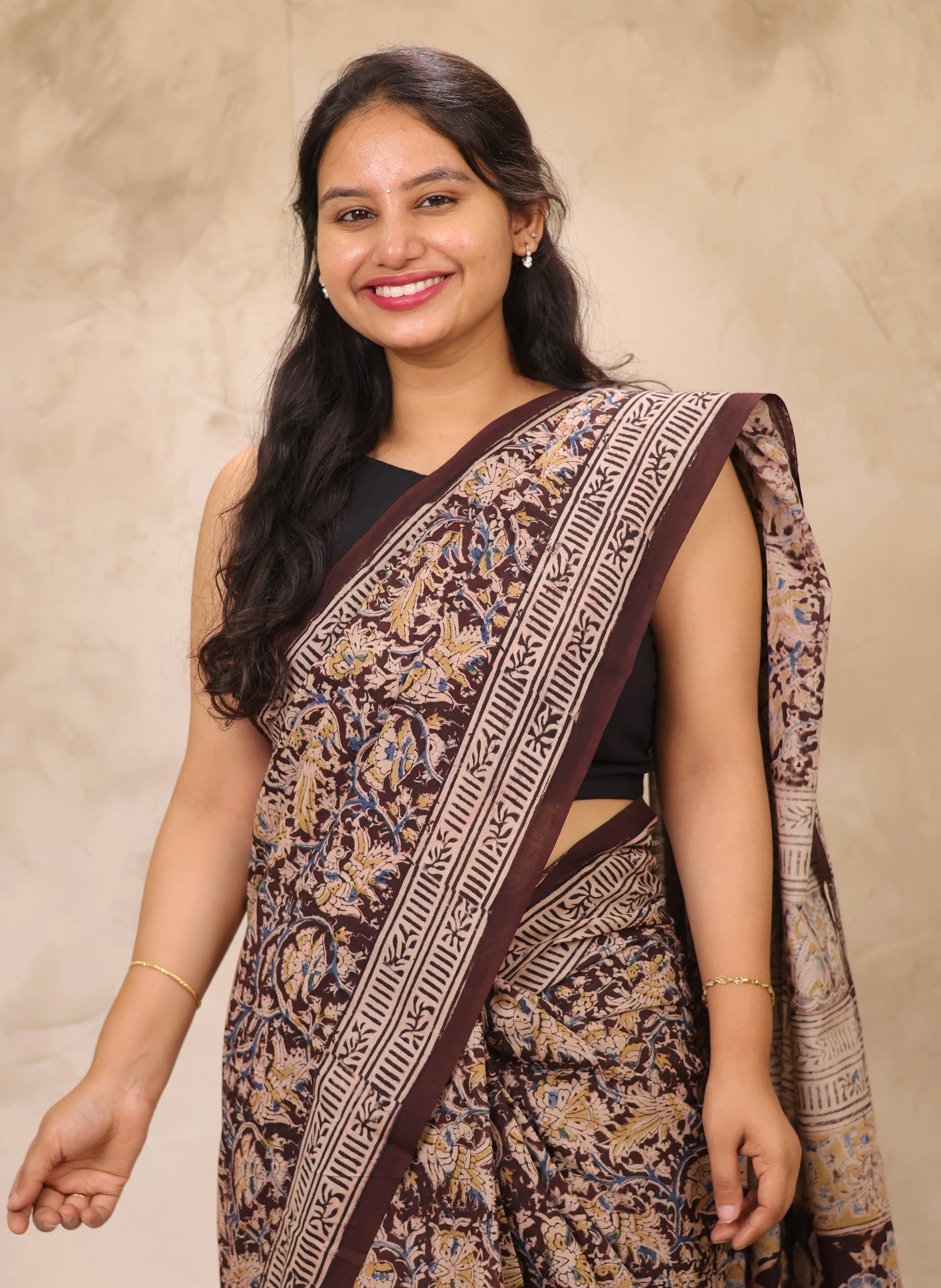 Brown Hand Block Printed Kalamkari Cotton Saree | Looms & Tassels