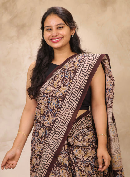 Brown Hand Block Printed Kalamkari Cotton Saree | Looms & Tassels