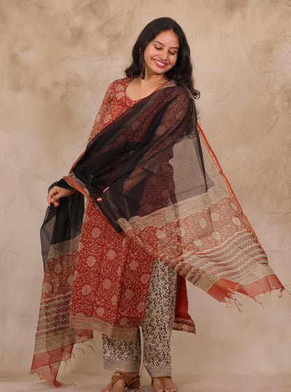 Red Handblock printed kota 3 piece suit (stitched)