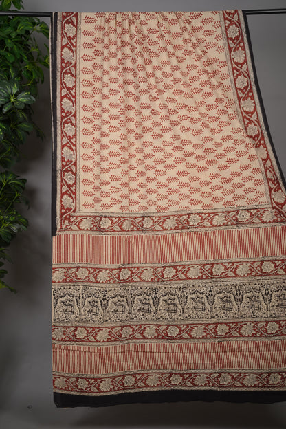 Cream Bagru Handblock printed MulMul cotton saree | Looms & Tassels