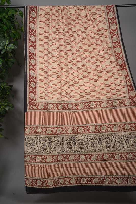Cream Bagru Handblock printed MulMul cotton saree | Looms & Tassels