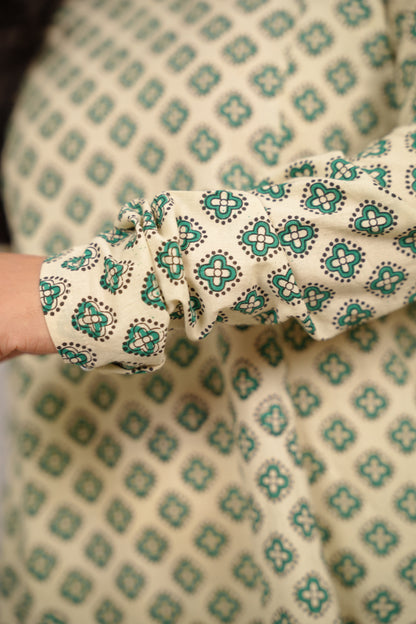 Cream Pure Mul Cotton Kali Kurta with Chudi Sleeves | Looms & Tassels
