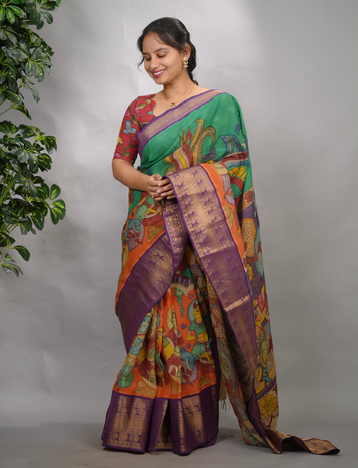 Green & Orange Hand Drawn Pen Kalamkari Bangalore Silk Kanchi Border Saree | Looms & Tassels