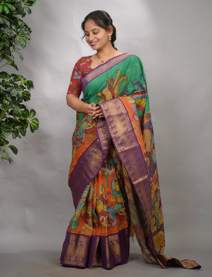 Green & Orange Hand Drawn Pen Kalamkari Bangalore Silk Kanchi Border Saree | Looms & Tassels