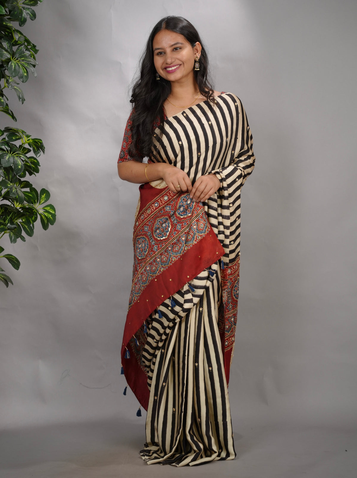 Cream Ajrakh Modal Silk Hand Embroidery Saree | Looms & Tassels