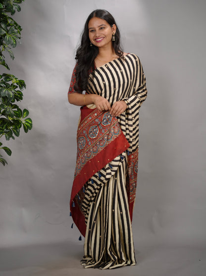 Cream Ajrakh Modal Silk Hand Embroidery Saree | Looms & Tassels