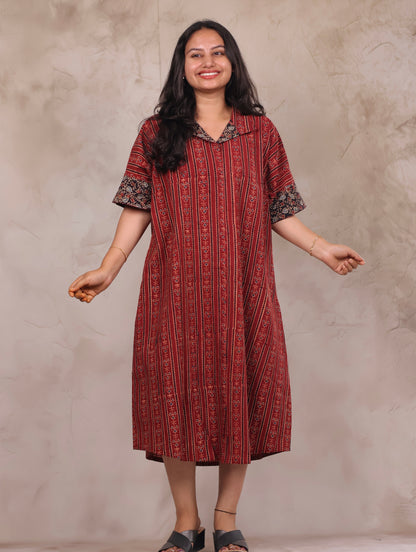 Red Ajrakh Handblock Printed Cotton Kaftan shirt dress – Elegant & Breathable Ethnic Wear | Looms & Tassels