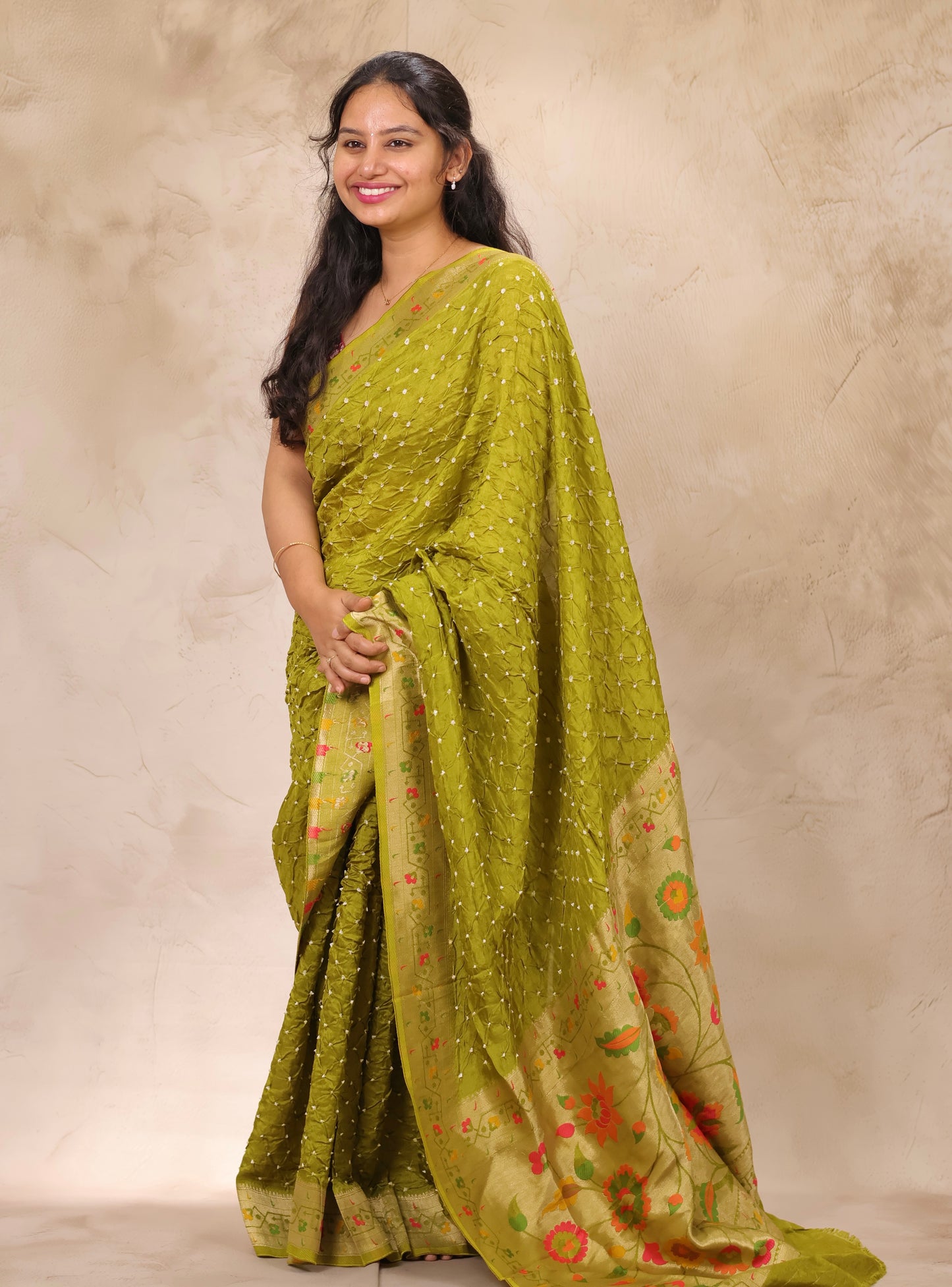 Olive Green Handcrafted Bandhani Paithani Dola Silk Saree | Looms & Tassels