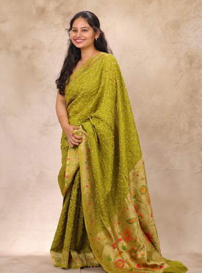 Olive Green Handcrafted Bandhani Paithani Dola Silk Saree | Looms & Tassels