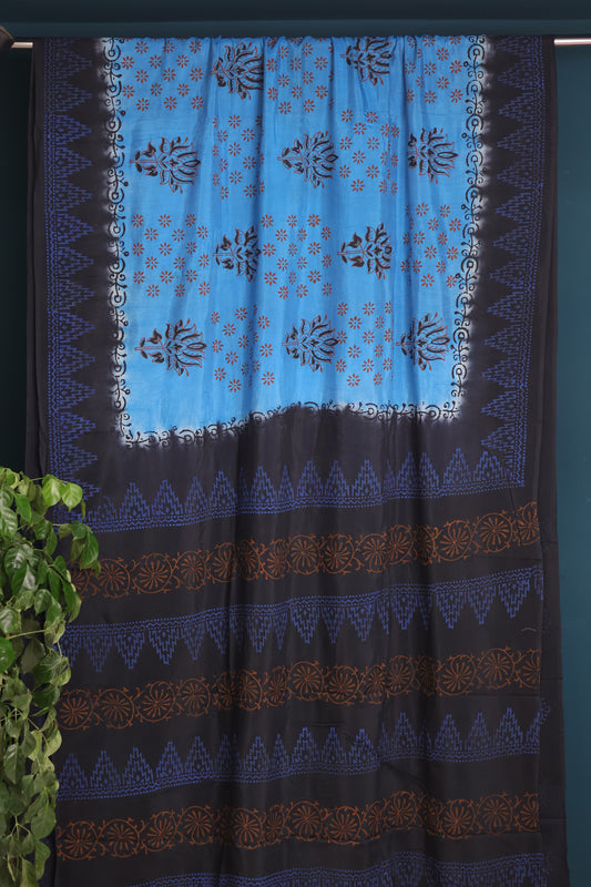 Blue Hand dyeing premium chennur silk with block prints saree
