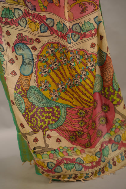 Pink Hand Drawn Pen Kalamkari Bangalore Silk Kanchi Border Saree | Looms & Tassels