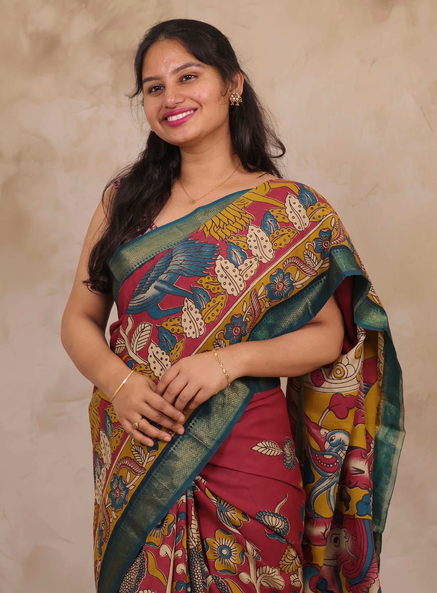 Magenta Floral Kalamkari Nizam Border Chennur Silk Saree | Looms & Tassels