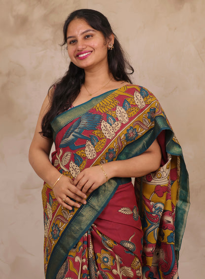 Magenta Floral Kalamkari Nizam Border Chennur Silk Saree | Looms & Tassels