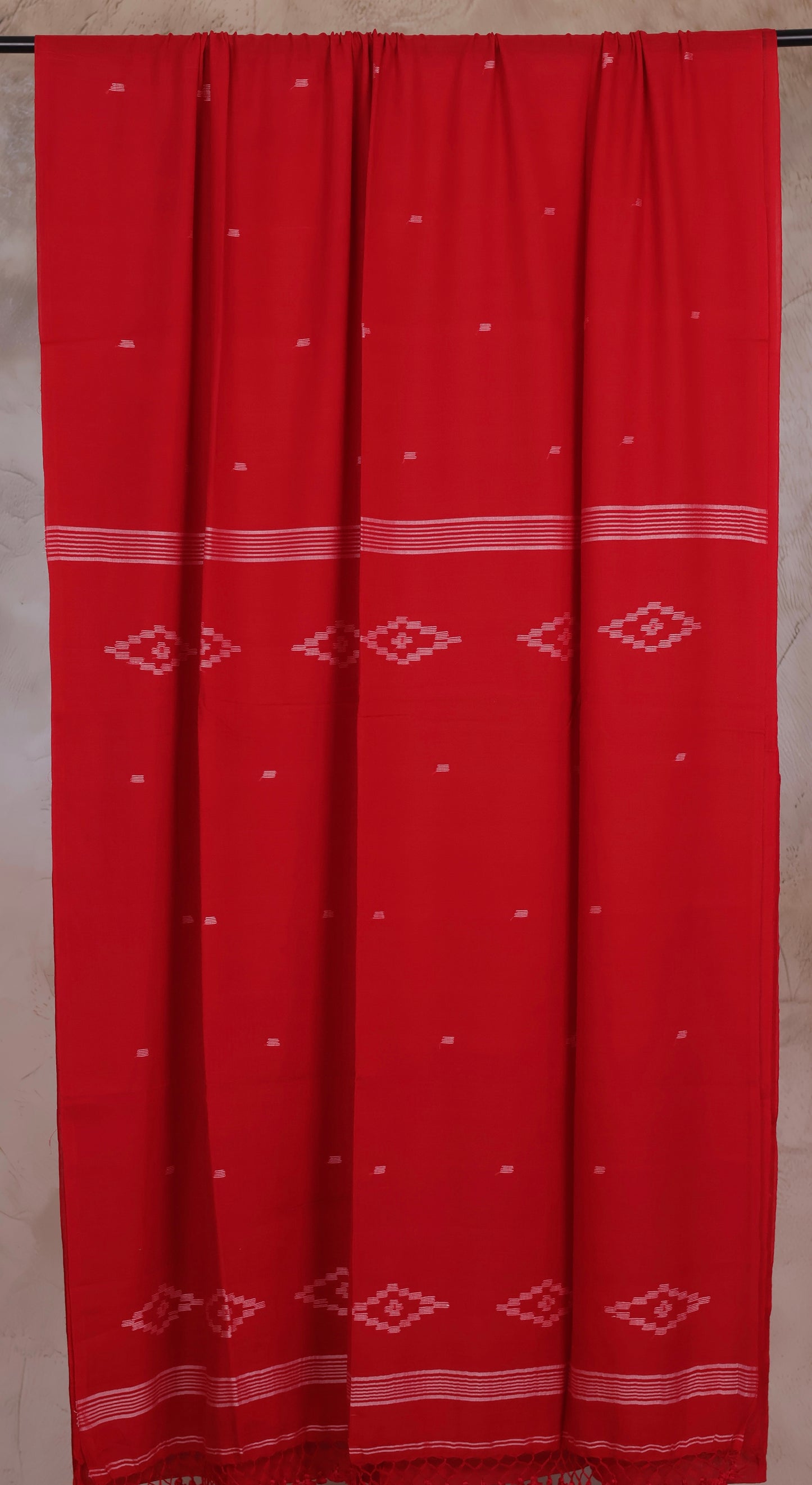 Red Malai Cotton Saree with Butta Weaving | Looms & Tassels