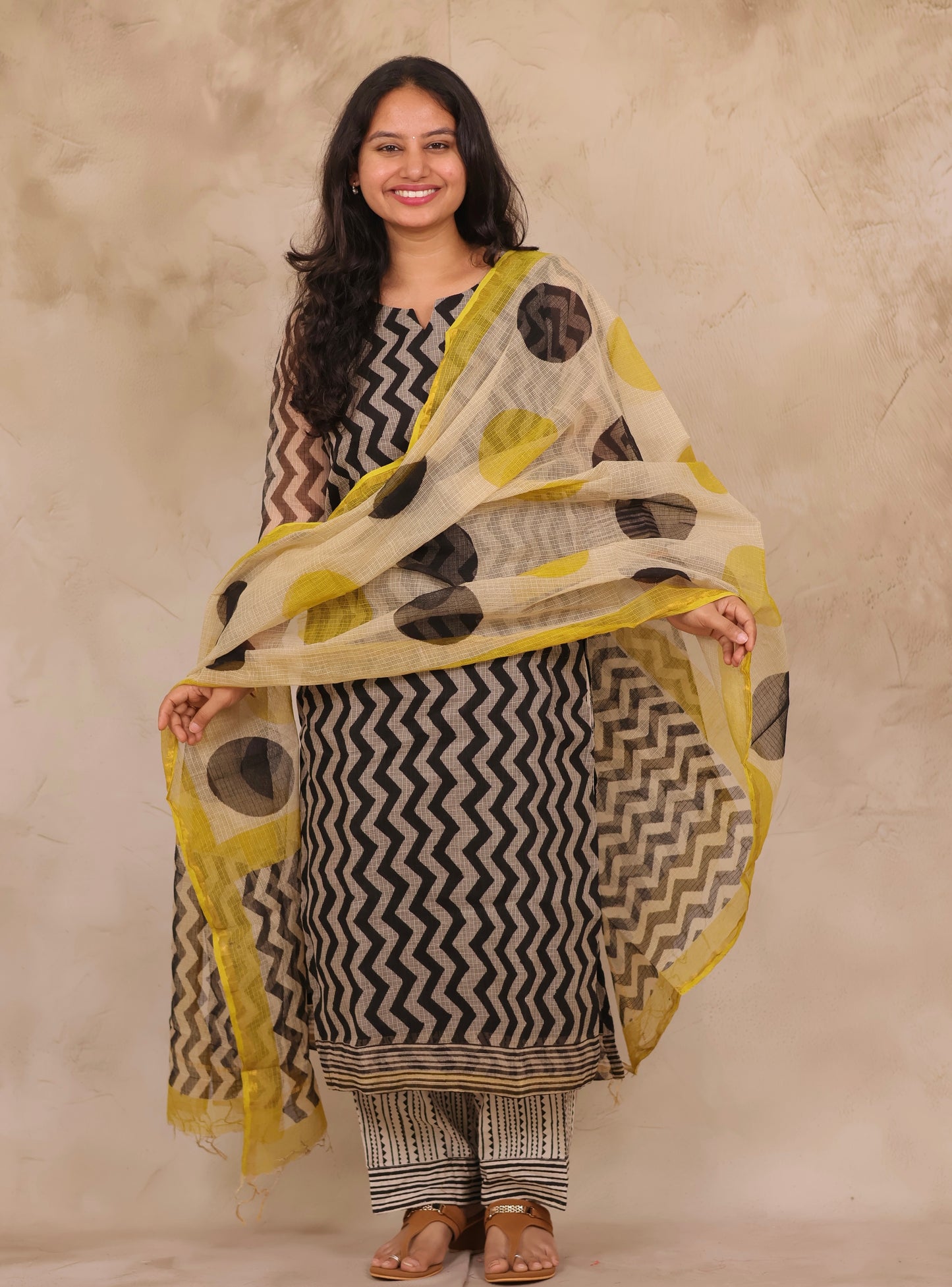 Black Contemporary Handblock printed kota 3 piece suit (stitched)