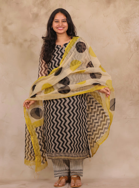 Black Contemporary Handblock printed kota 3 piece suit (stitched)