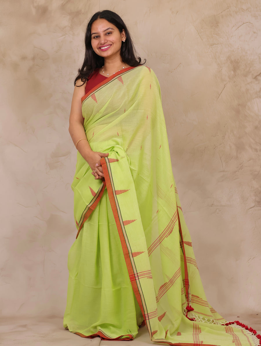 Pastel Handwoven Malai Cotton Saree | Looms & Tassels