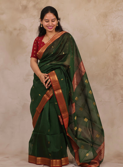 Green Handloom Maheswari Silk Cotton Sarees | Looms & Tassels