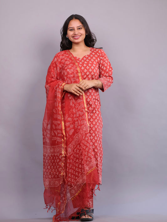Handblock printed Pure Mul Cotton with Kota Duppata 3 piece suit (stitched)