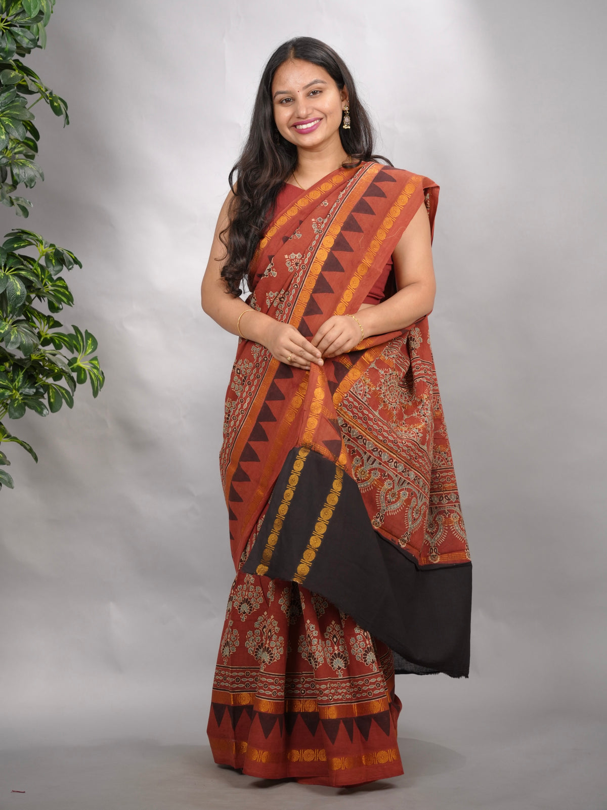 Red Ajrakh Hand Block Printed Sungudi Cotton Saree | Looms & Tassels