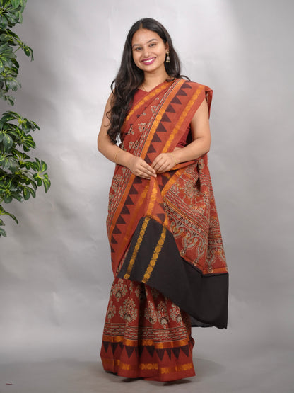 Red Ajrakh Hand Block Printed Sungudi Cotton Saree | Looms & Tassels