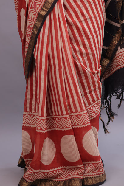 Red Bagru Hand Block Printed Maheswari Silk Cotton Saree