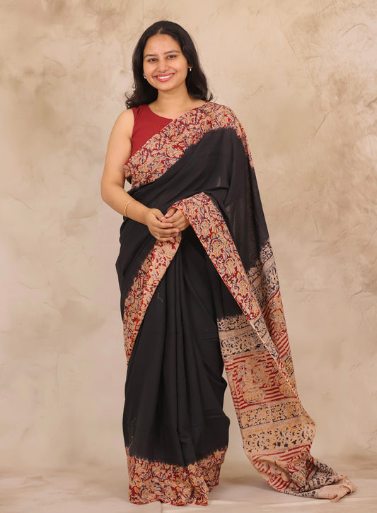 Black Hand Block Printed Kalamkari Cotton Saree | Looms & Tassels