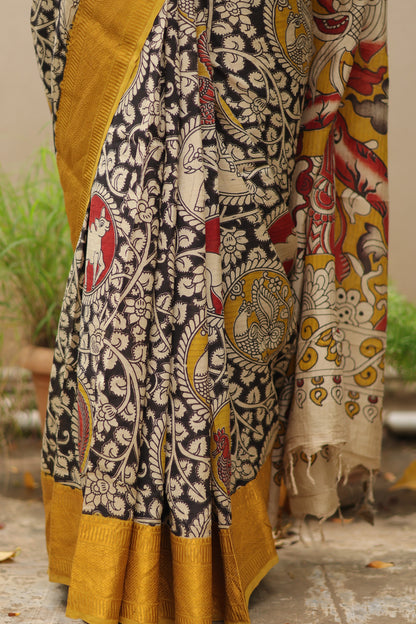 Black Kanchi border Kalamkari chennur silk saree