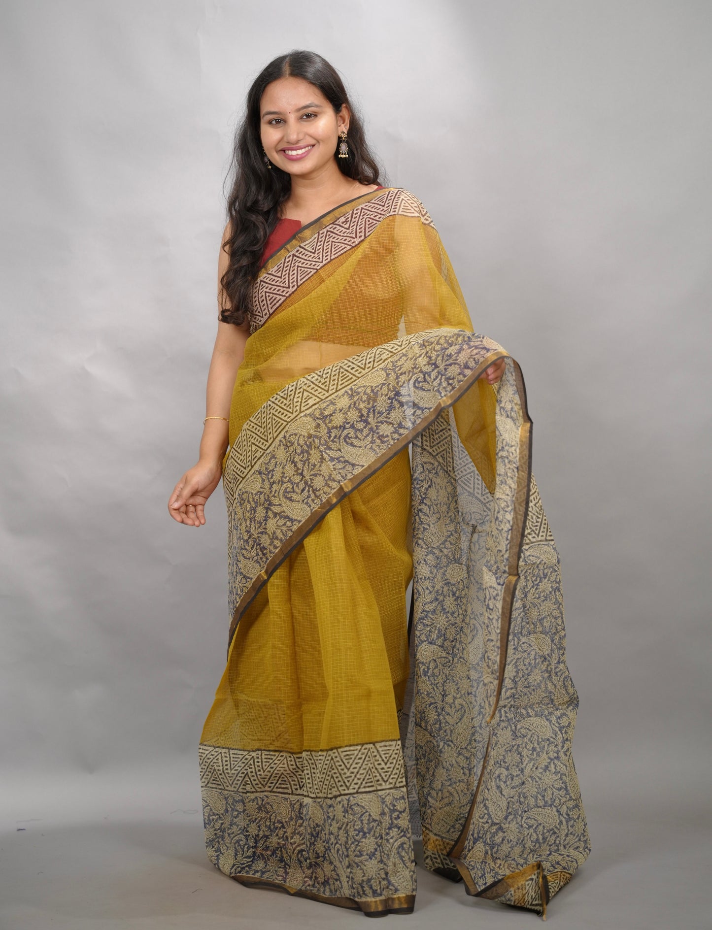 Yellow Pure Kota Doria Saree with Bagru Handblock Prints | Looms & Tassels