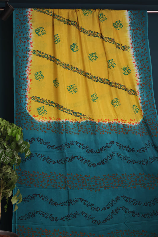Hand dyeing premium chennur silk with block prints saree