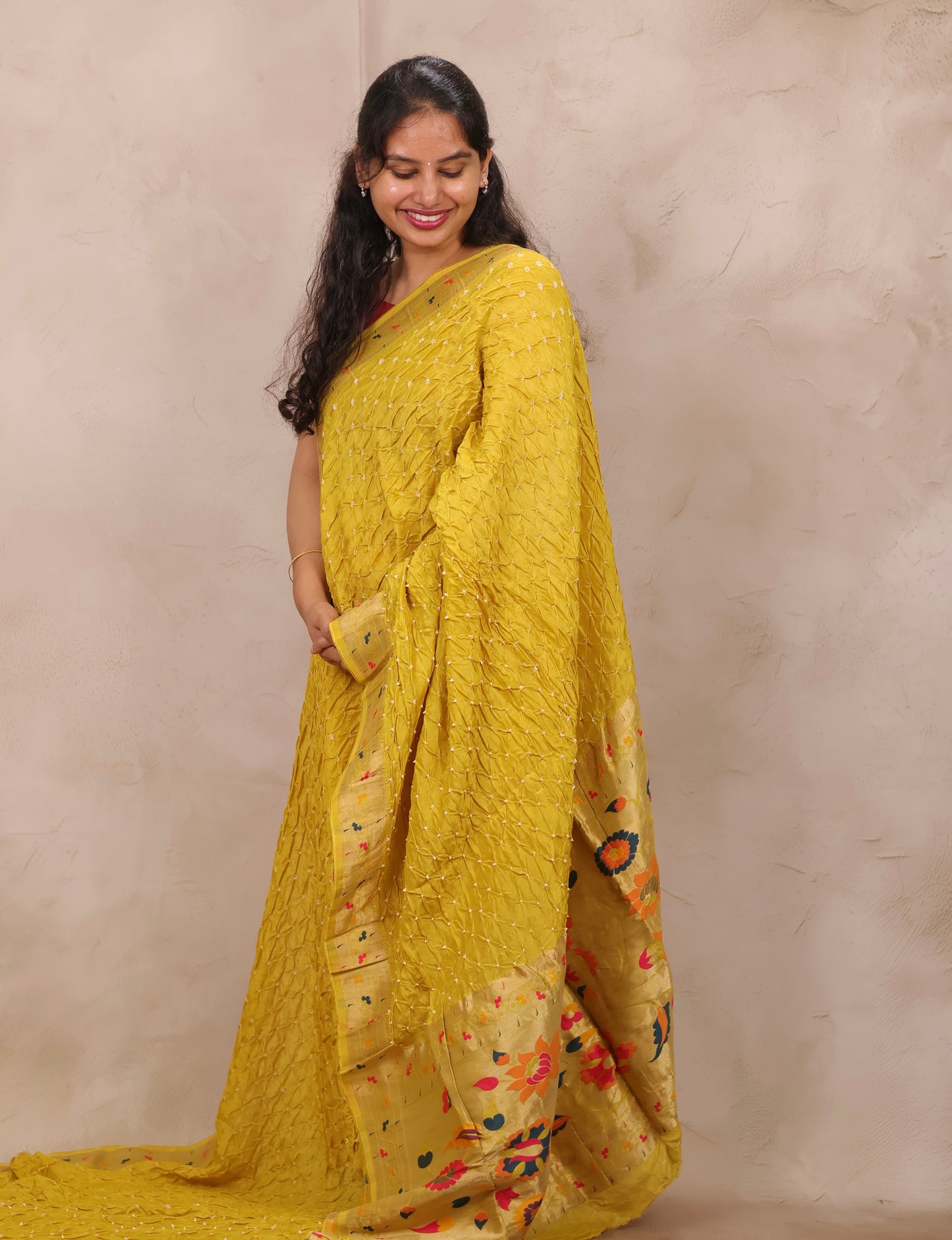Pastel Yellow Handcrafted Bandhani Paithani Dola Silk Saree | Looms & Tassels