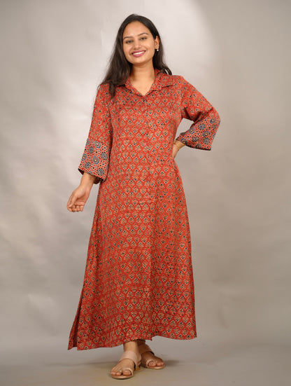 Red Ajrakh Modal Silk Aline Shirt Dress | Looms & Tassels