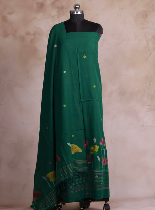 Bottle Green Handwoven Jamdhani weaving pure Malai cotton 2 piece suit sets | Looms & Tassels