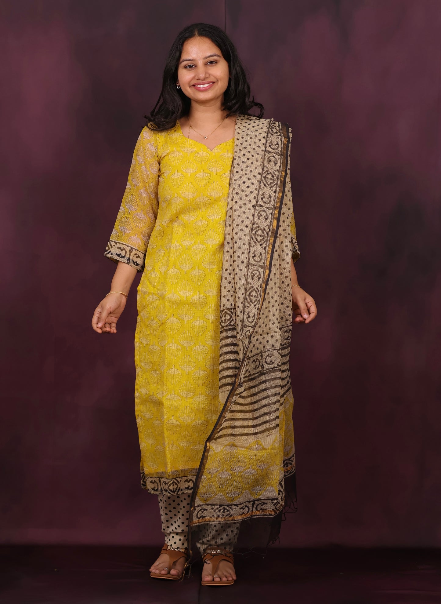 Yellow Handblock printed kota 3 piece suit (stitched)