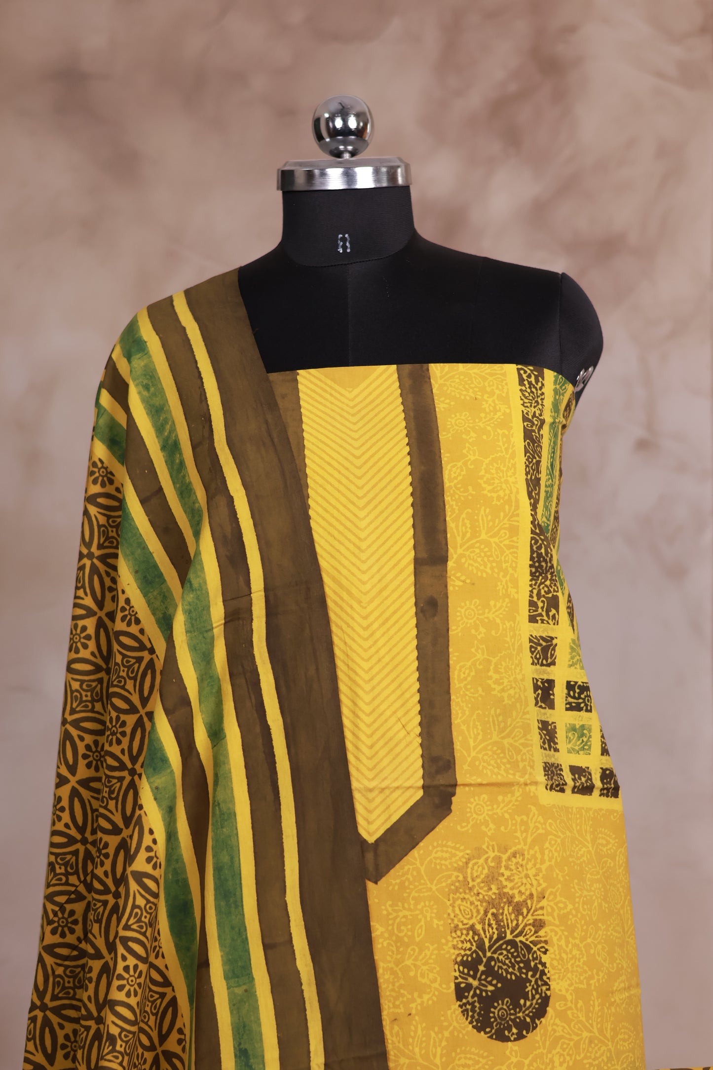 Yellow Ajrakh Handblock Printed Pure Cotton 3 piece suit set | Looms & Tassels