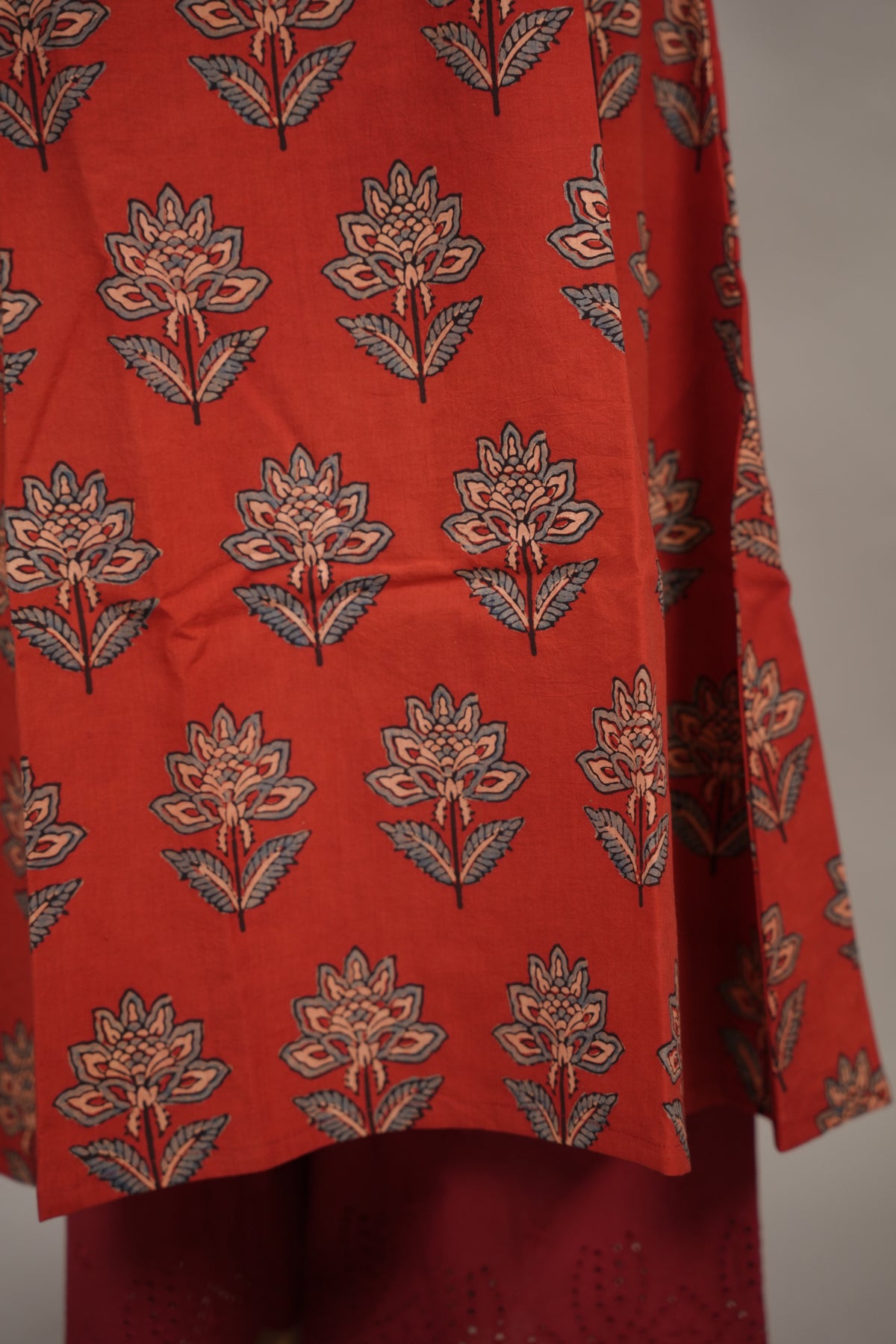 Red Ajrakh Hand Block Printed Pure Mul Cotton A-line Kurta | Looms & Tassels