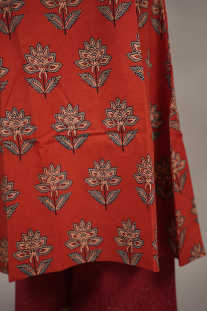Red Ajrakh Hand Block Printed Pure Mul Cotton A-line Kurta | Looms & Tassels