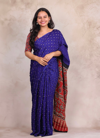 Royal Blue Hand Knotted Bandhej Modal Silk Saree with Ajrakh Pallu | Looms & Tassels