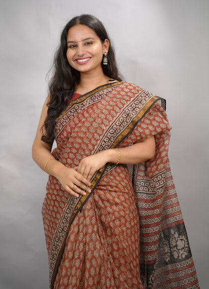 Maroon Pure Kota Doria Saree with Bagru Handblock Prints | Looms & Tassels