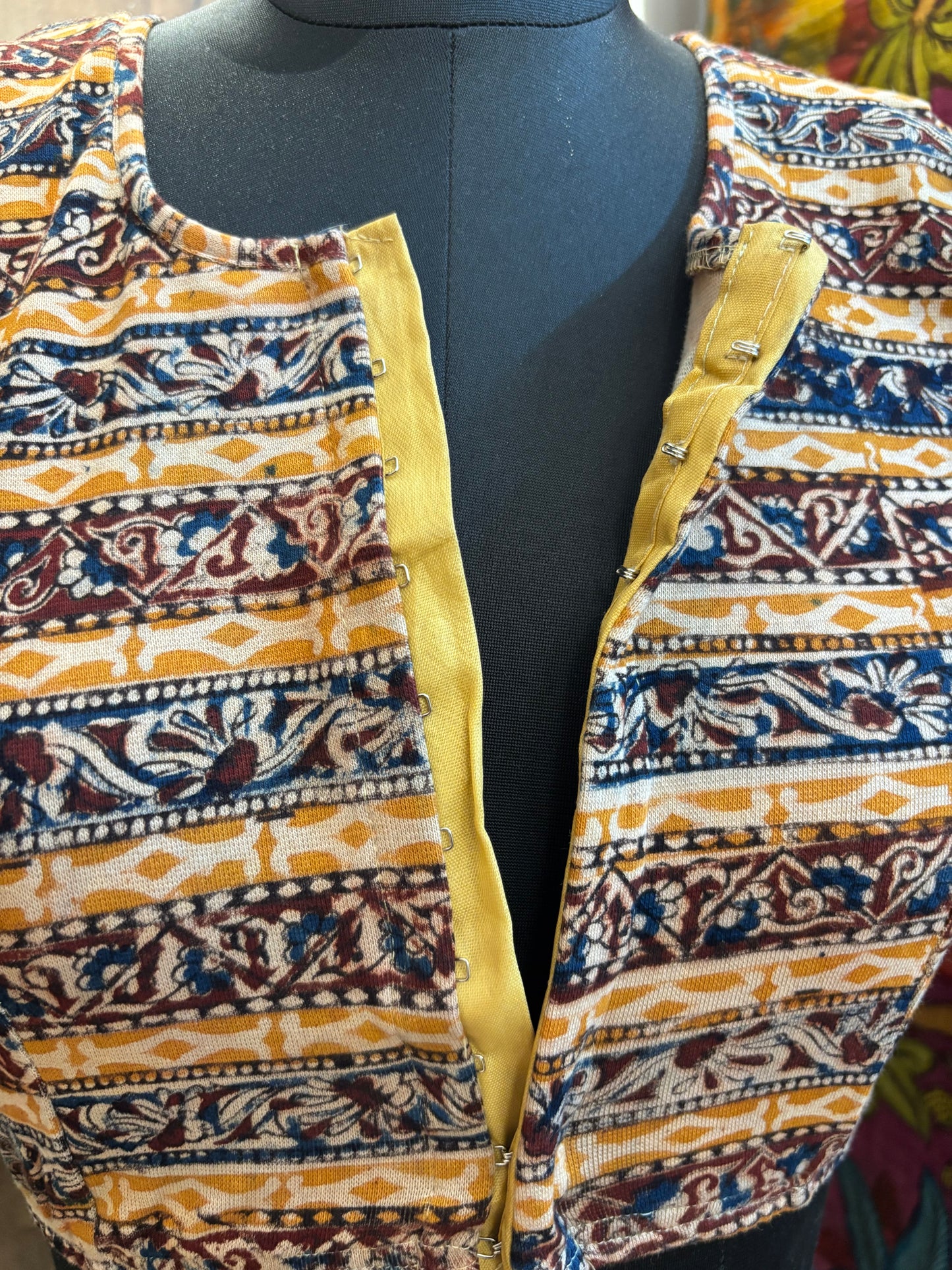 Round neck Stretchable Hand block printed kalamkari blouse with front hooks