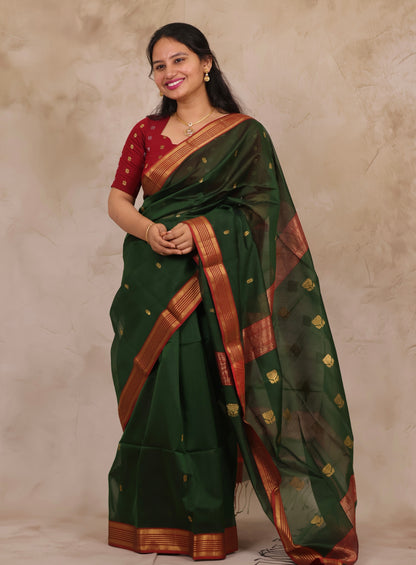 Green Handloom Maheswari Silk Cotton Sarees | Looms & Tassels