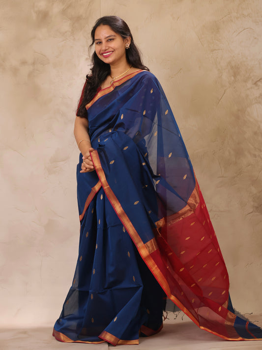 Rama Blue Handloom Maheswari Silk Cotton Sarees | Looms & Tassels