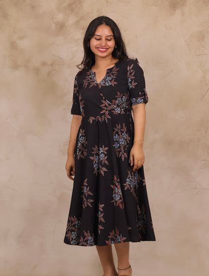 Black Pure Mul Cotton Ajrakh Mini Dress | Looms & Tassels