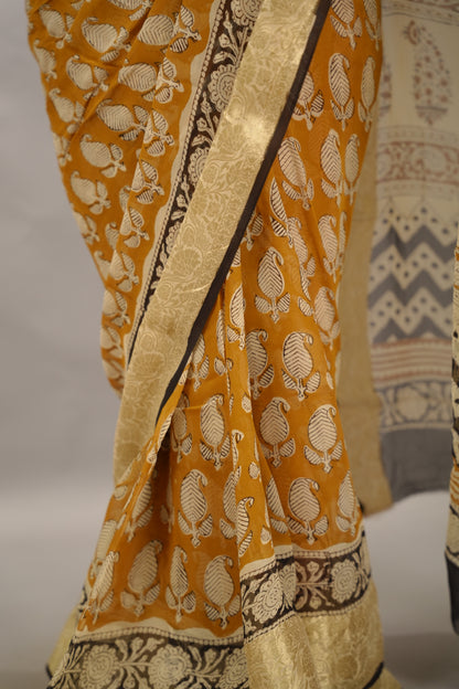 Mustard Chiffon Hand Block Printed Saree with Jari Border | Looms & Tassels