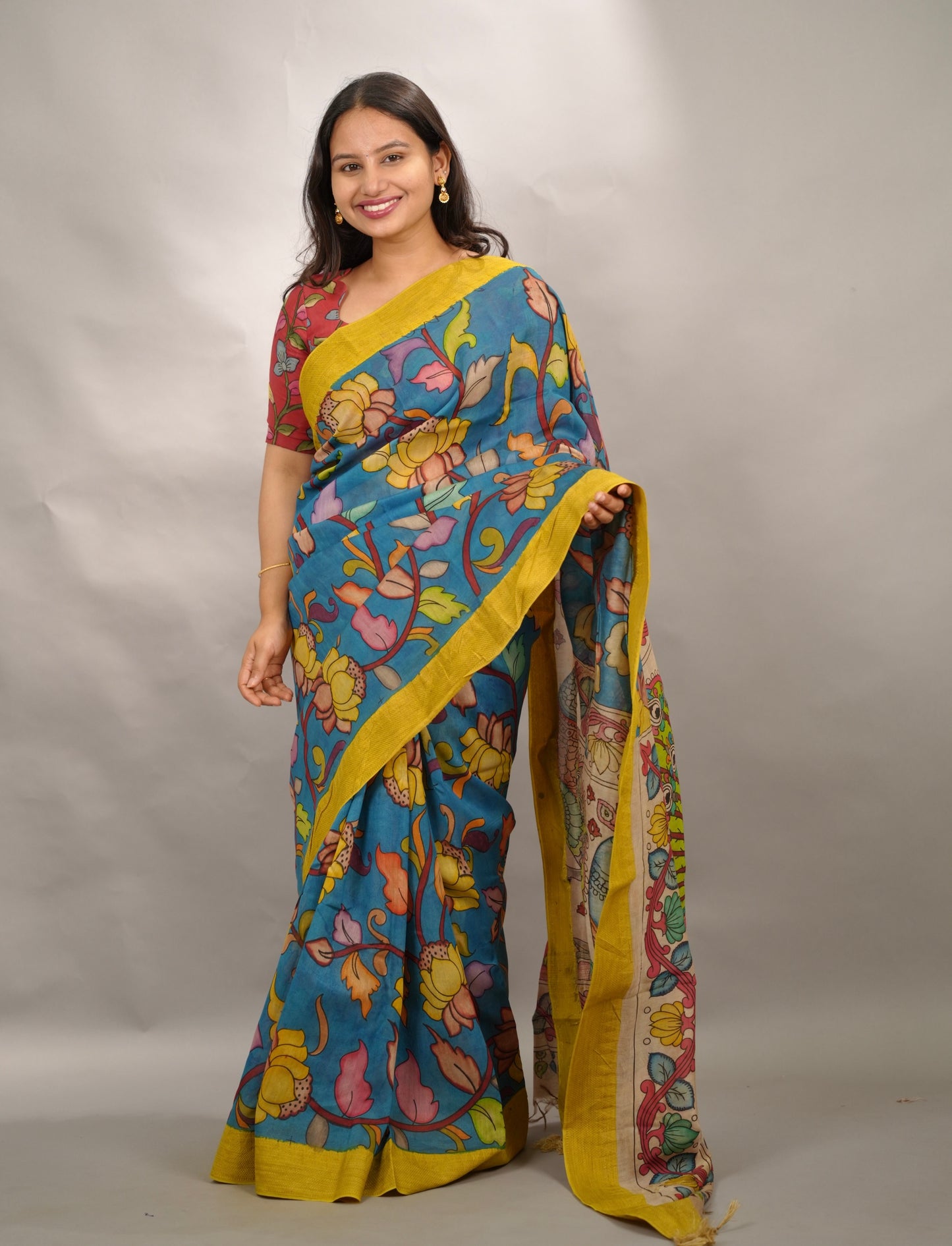 Hand Drawn Pen Kalamkari Rama Blue And Yellow Bangalore Silk Gicha Border Saree | Looms & Tassels