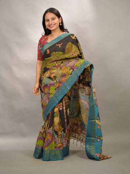 Black Hand Drawn Pen Kalamkari Bangalore Silk Kanchi Border Saree | Looms & Tassels